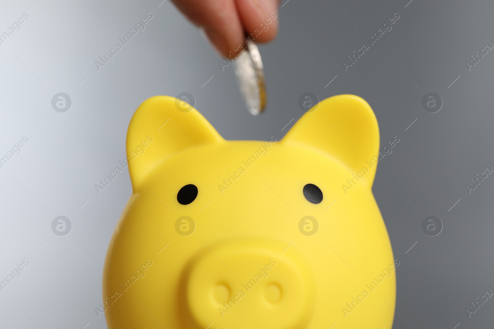 Photo of Man putting coin into yellow piggy bank on grey background, closeup