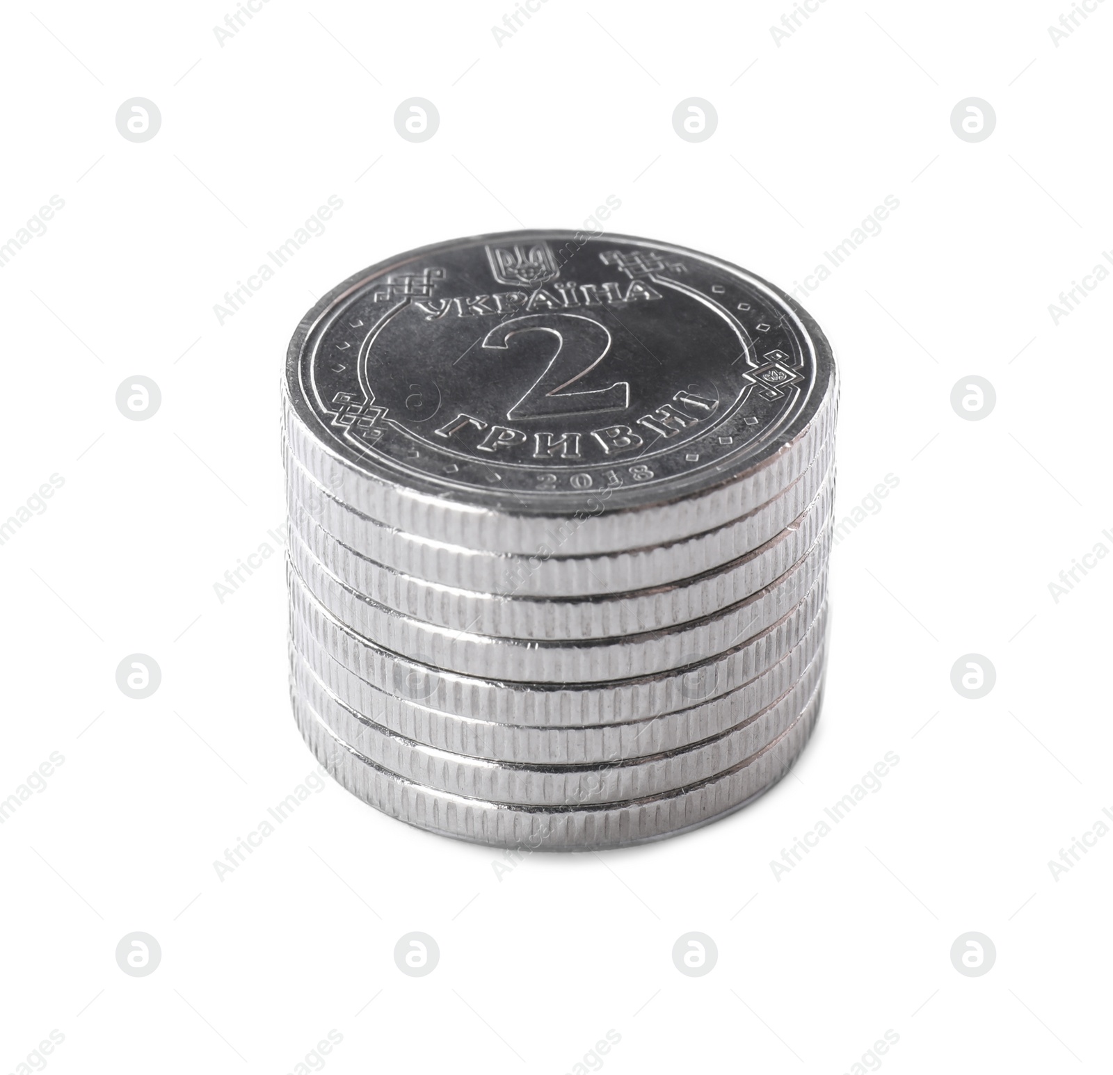 Photo of Stack of Ukrainian coins on white background. National currency