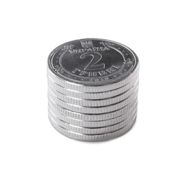 Photo of Stack of Ukrainian coins on white background. National currency