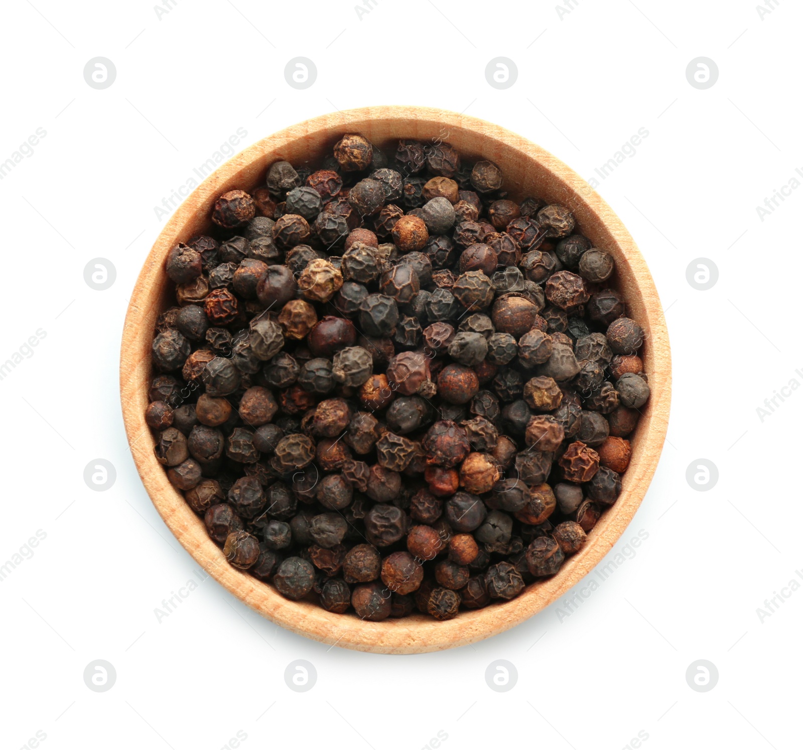 Photo of Wooden bowl with black pepper grains on white background, top view