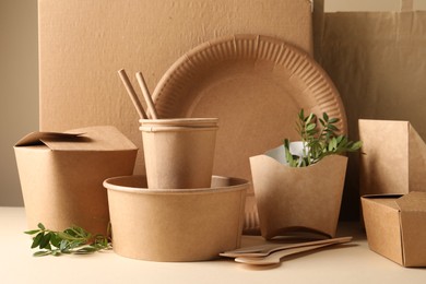 Eco friendly food packaging. Paper containers, tableware and green twigs on white table