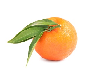 Photo of Tasty ripe tangerine with leaves on white background