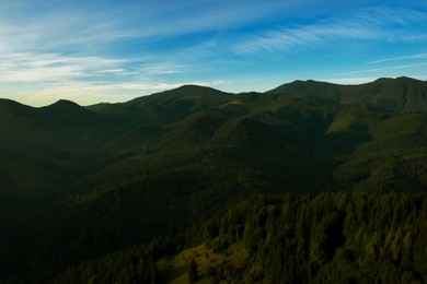 Picturesque view of mountain landscape with forest in morning. Drone photography