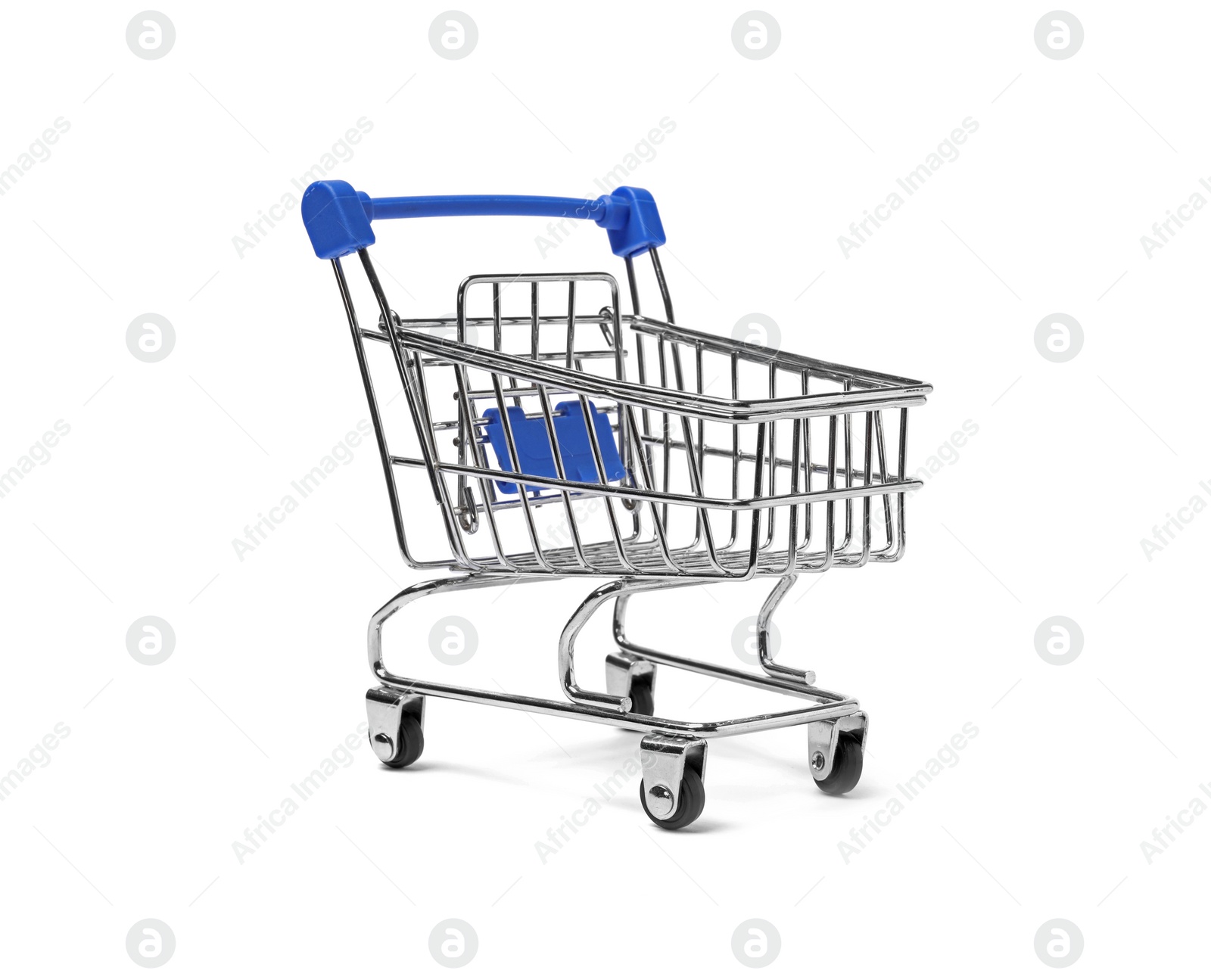 Photo of Empty mini metal shopping cart isolated on white