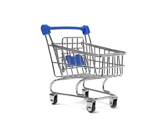 Empty mini metal shopping cart isolated on white