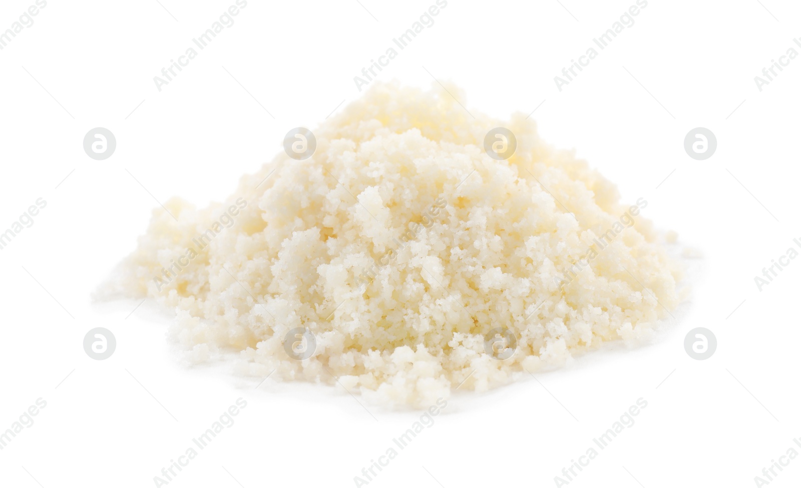 Photo of Pile of grated parmesan cheese isolated on white