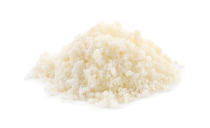 Photo of Pile of grated parmesan cheese isolated on white