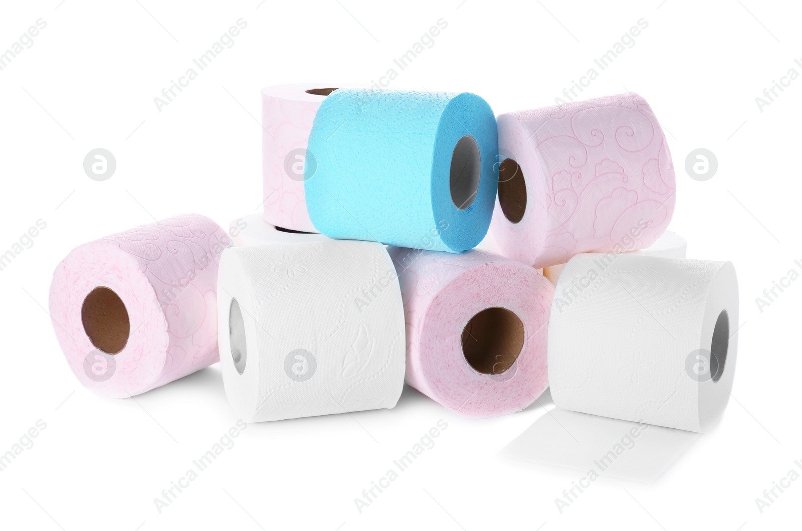 Photo of Rolls of toilet paper on white background. Personal hygiene