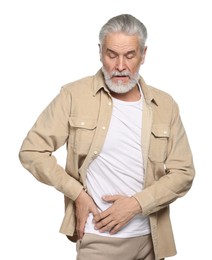 Arthritis symptoms. Man suffering from hip joint pain on white background