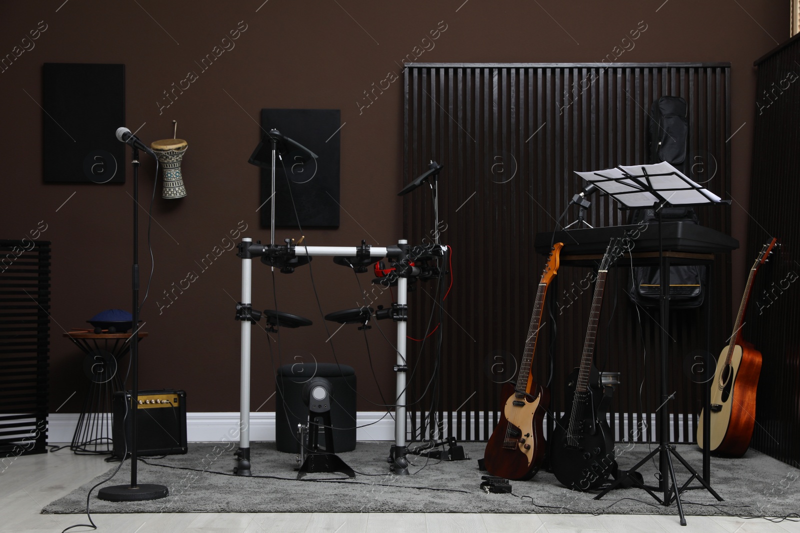 Photo of Musical instruments at recording studio. Band practice