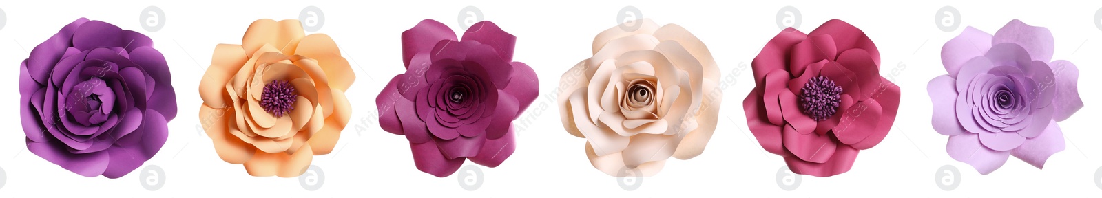 Image of Set with beautiful flowers made of paper on white background, top view. Banner design