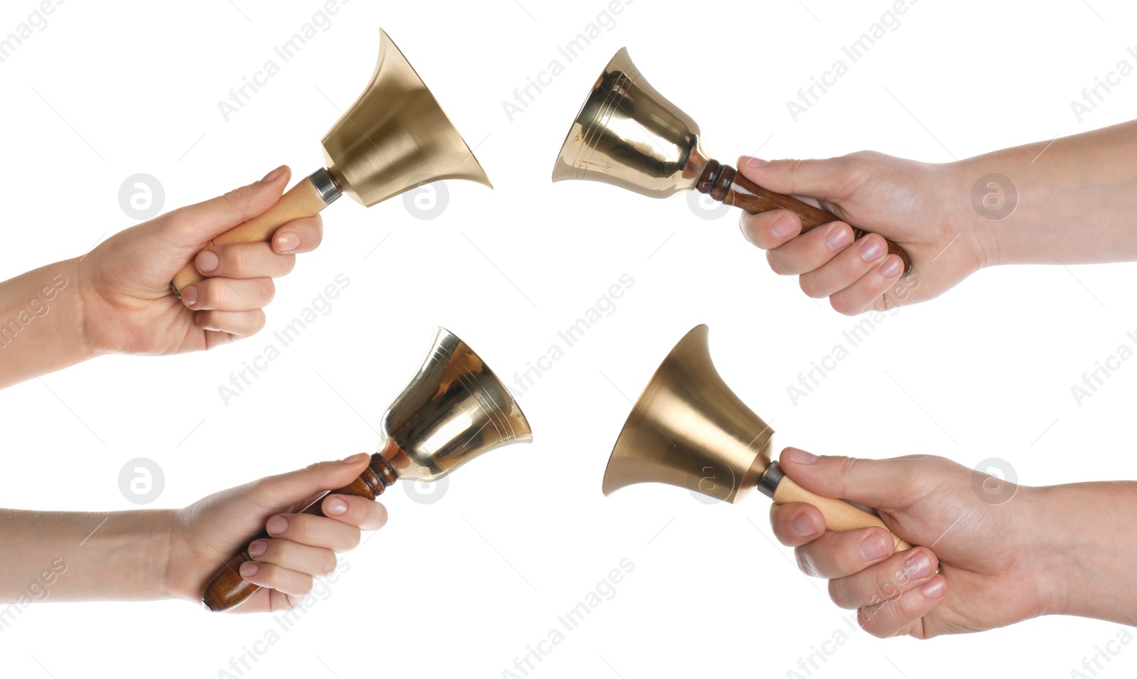 Image of Collage with photos of women with school bells on white background, closeup