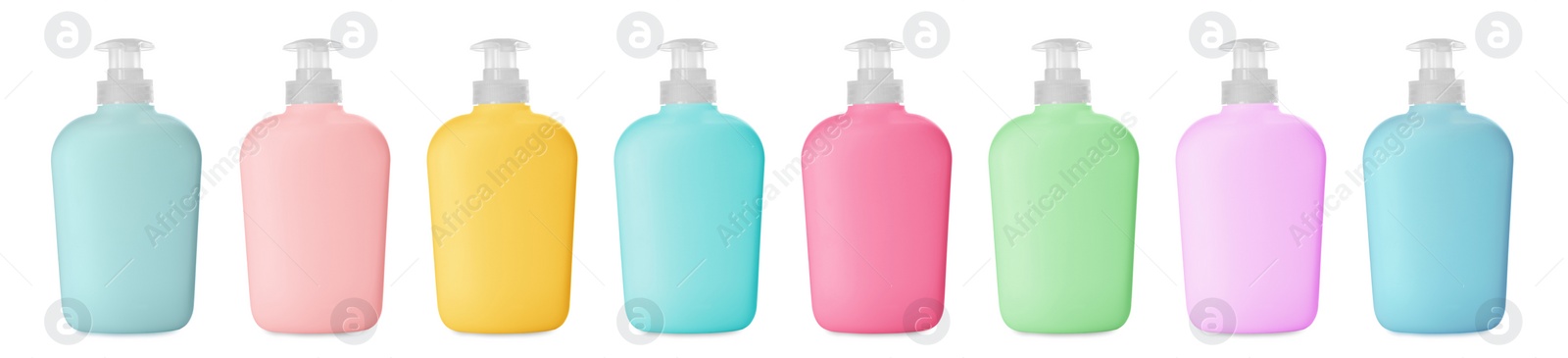 Image of Set with multicolored bottles of liquid soap on white background. Banner design