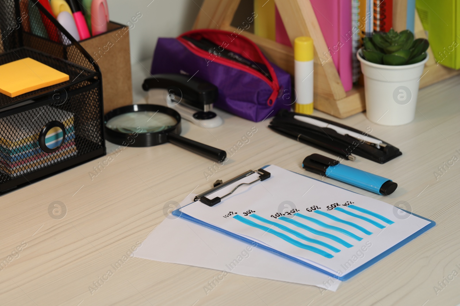 Photo of Business process planning and optimization. Workplace with graph and different stationery on wooden table