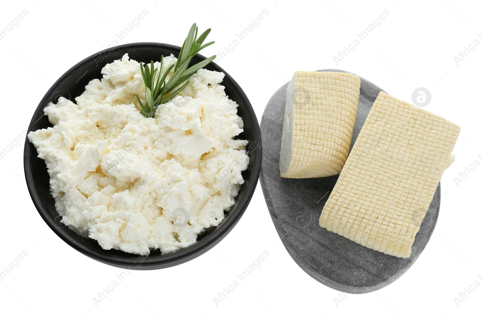 Photo of Different types of delicious tofu cheese with rosemary on white background, top view