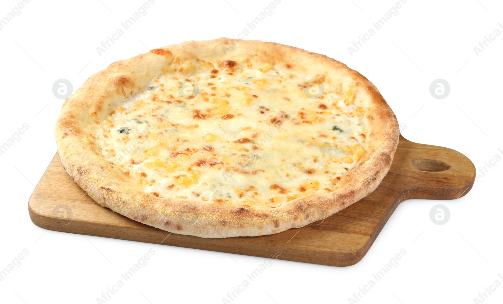 Photo of One delicious cheese pizza isolated on white