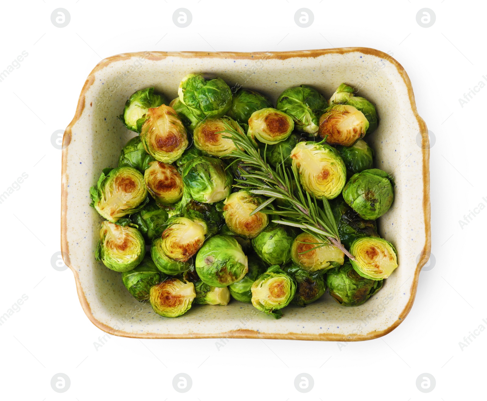 Photo of Delicious roasted Brussels sprouts and rosemary in baking dish isolated on white, top view