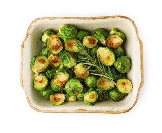 Photo of Delicious roasted Brussels sprouts and rosemary in baking dish isolated on white, top view