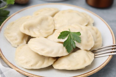 Photo of Delicious dumplings (varenyky) with tasty filling and parsley on table, closeup