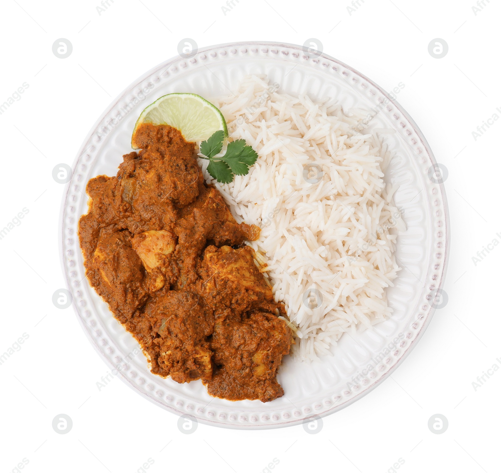 Photo of Delicious chicken curry with rice isolated on white, top view