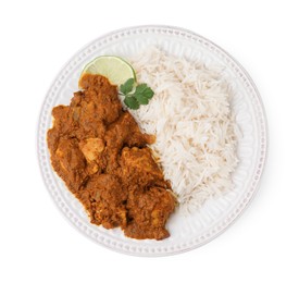 Photo of Delicious chicken curry with rice isolated on white, top view