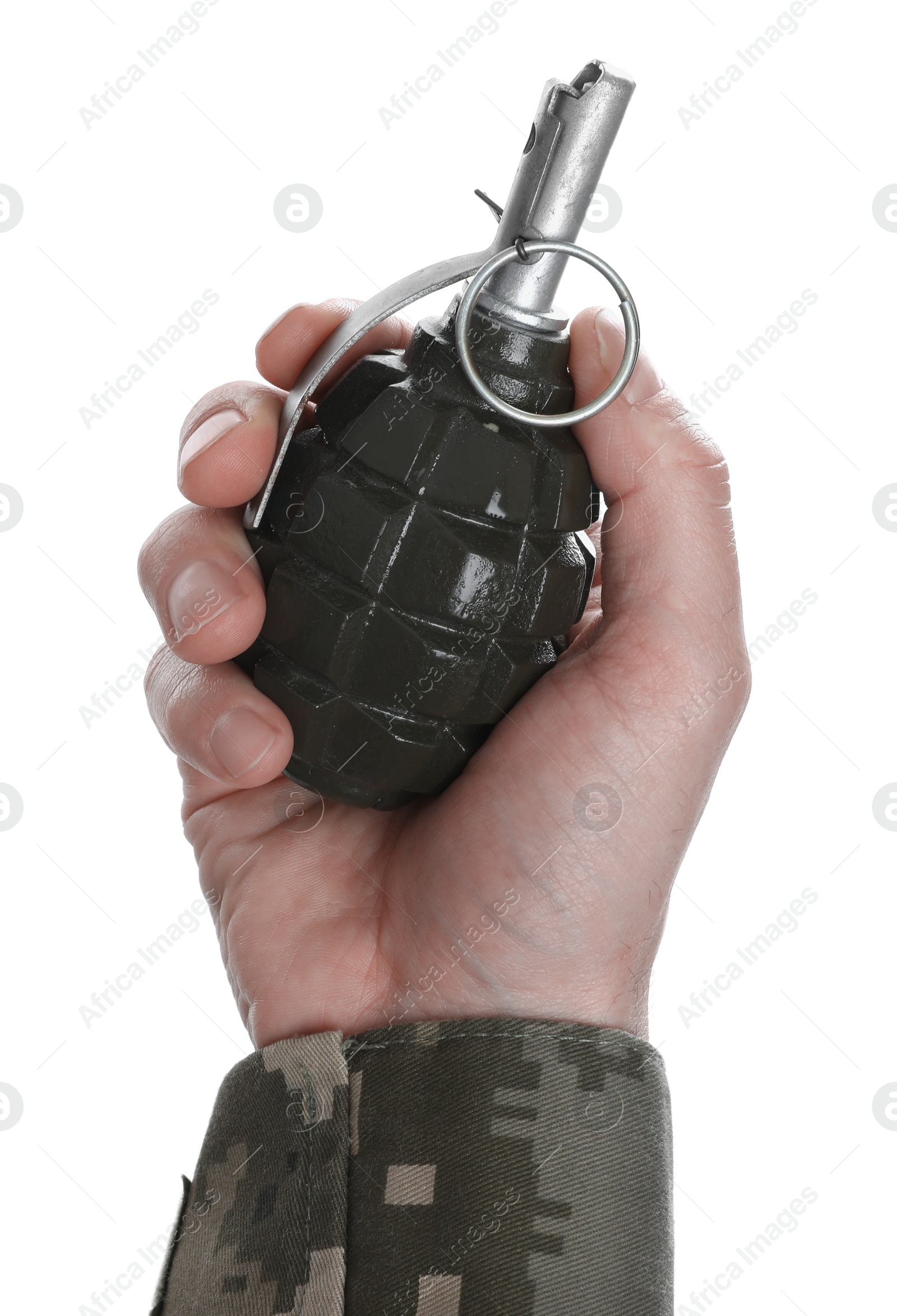 Photo of Soldier holding hand grenade on white background, closeup. Military service