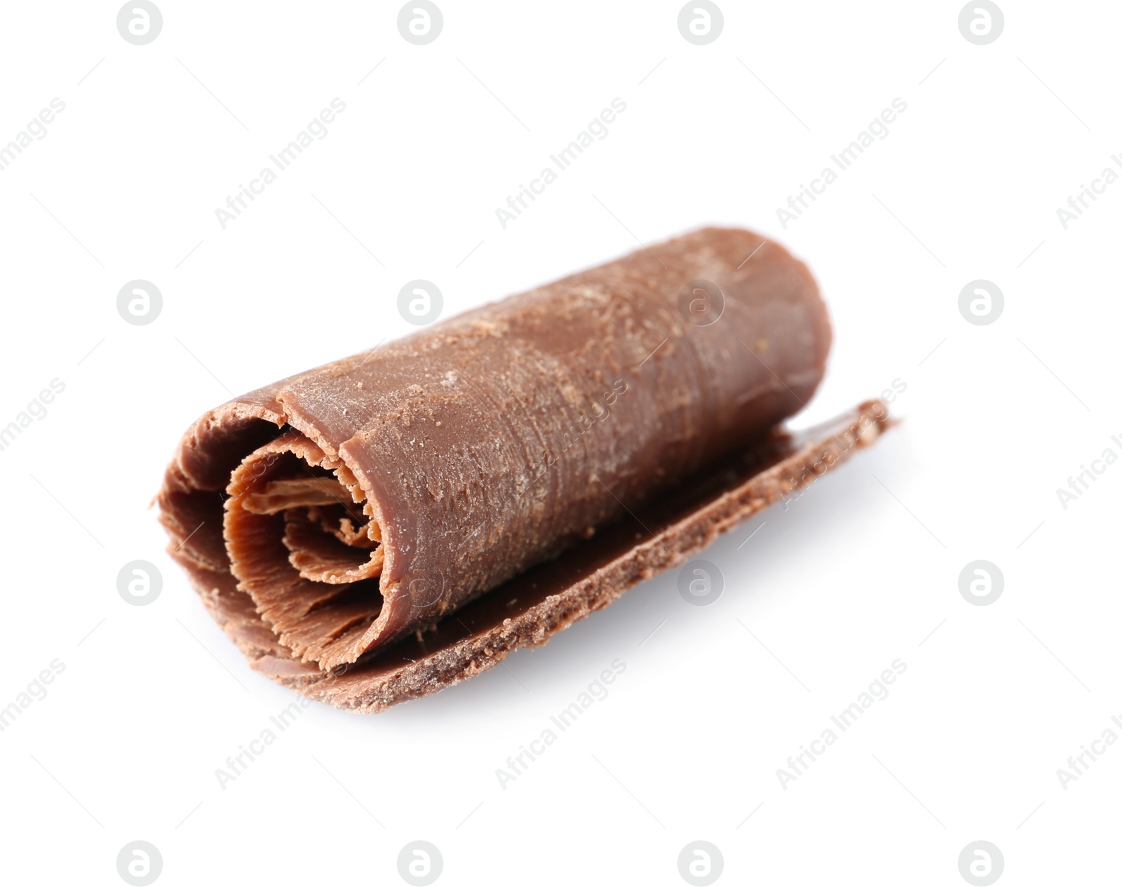 Photo of Curl of tasty chocolate on white background