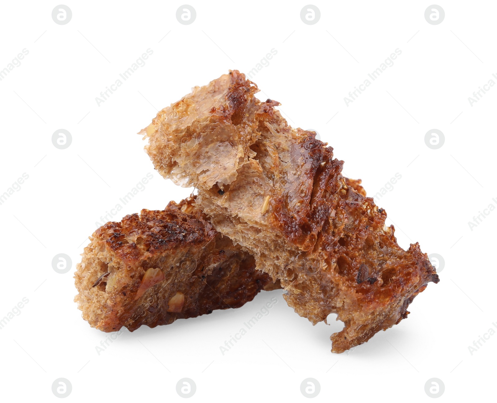 Photo of Crispy rusks with seasoning isolated on white