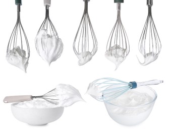 Image of Whisks and bowls with cream isolated on white, collage