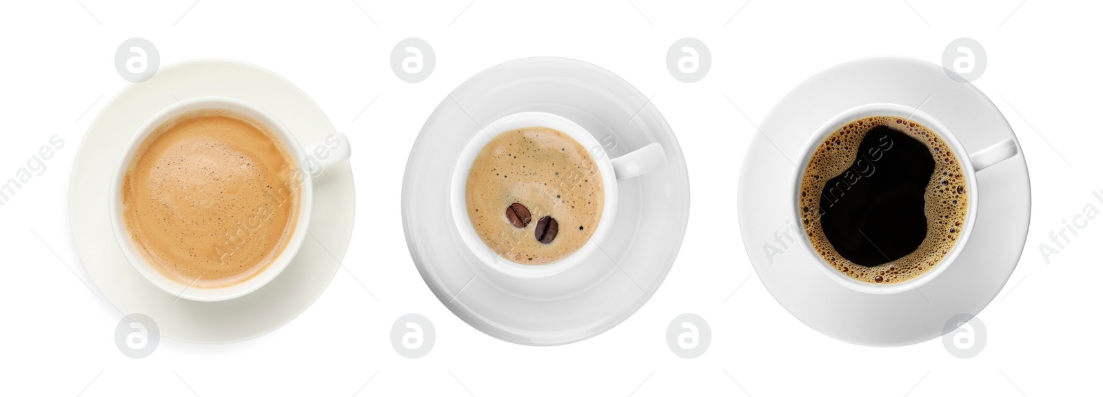 Image of Set of cups with aromatic hot coffee on white background, top view. Banner design