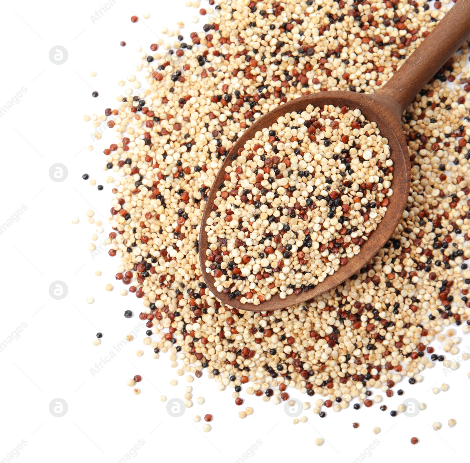 Photo of Mixed quinoa seeds and spoon on white background, top view. Space for text