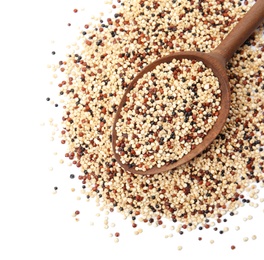 Mixed quinoa seeds and spoon on white background, top view. Space for text