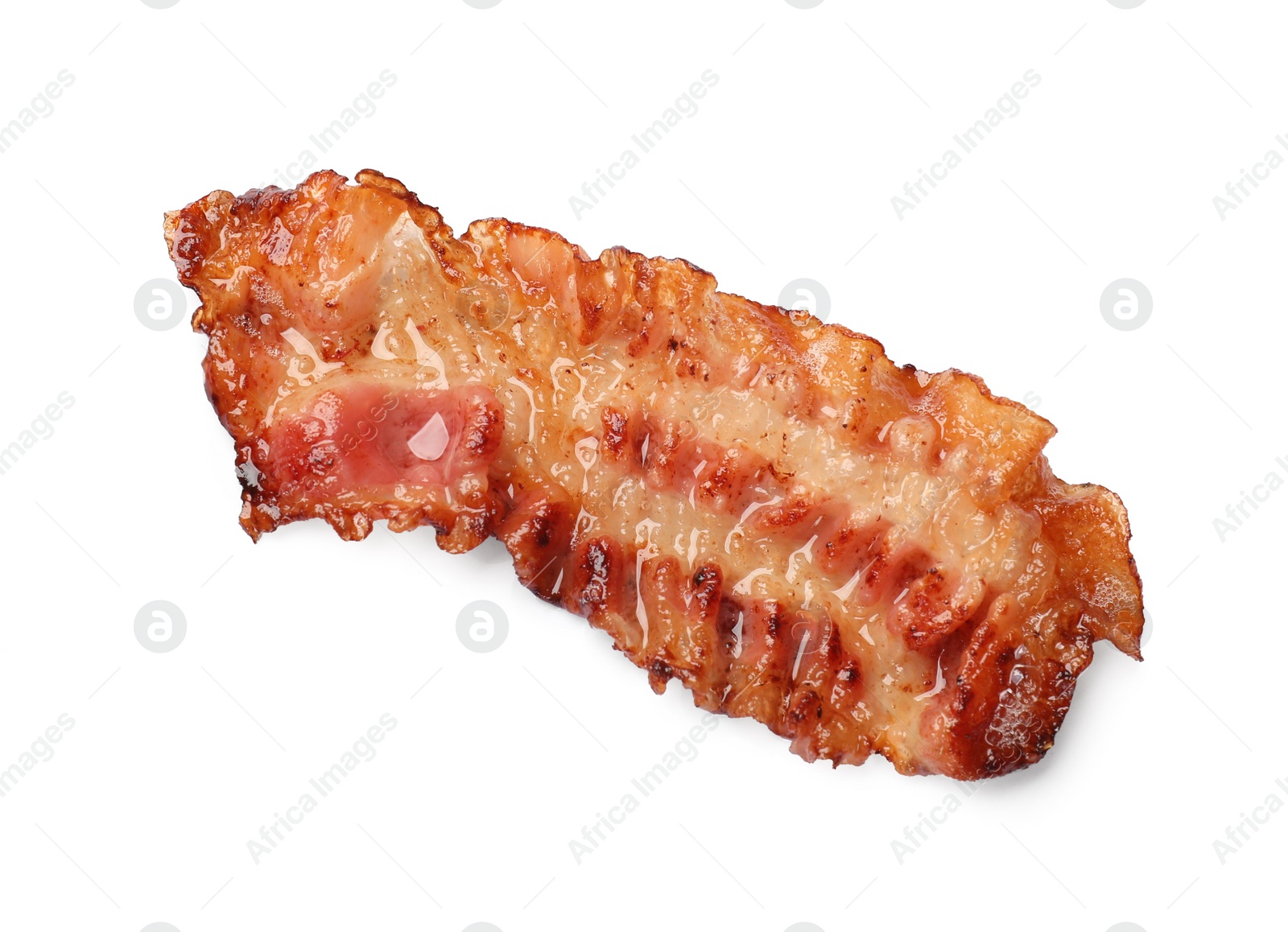 Photo of One fried bacon slice isolated on white, top view