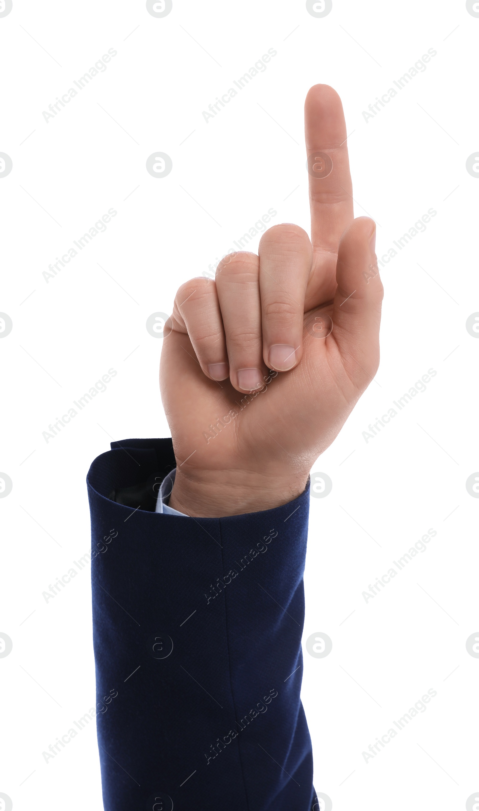 Photo of Man pointing with index finger on white background, closeup