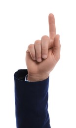 Man pointing with index finger on white background, closeup