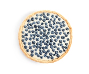 Tasty blueberry cake on white background, top view