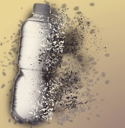 Bottle of water vanishing on color background. Decomposition of plastic pollution