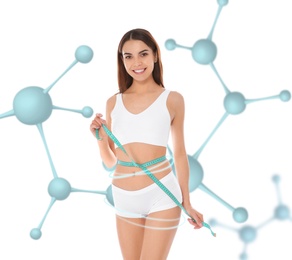 Image of Metabolism concept. Woman with slim body and molecular chains on white background