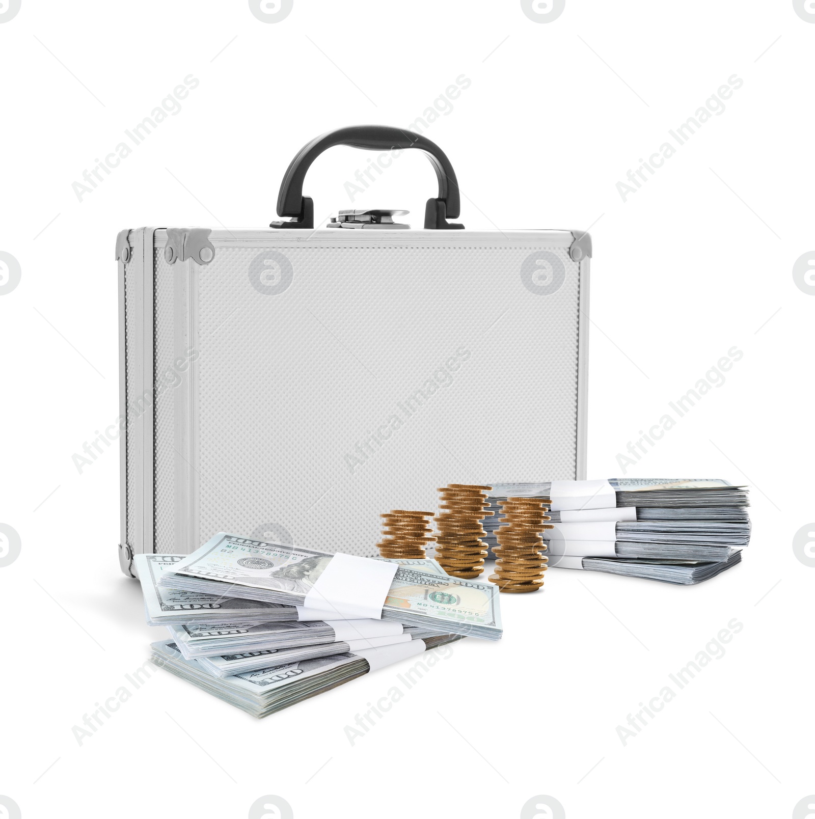 Image of Aluminum hard case, coins and bundles of dollar banknotes on white background