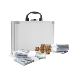 Image of Aluminum hard case, coins and bundles of dollar banknotes on white background