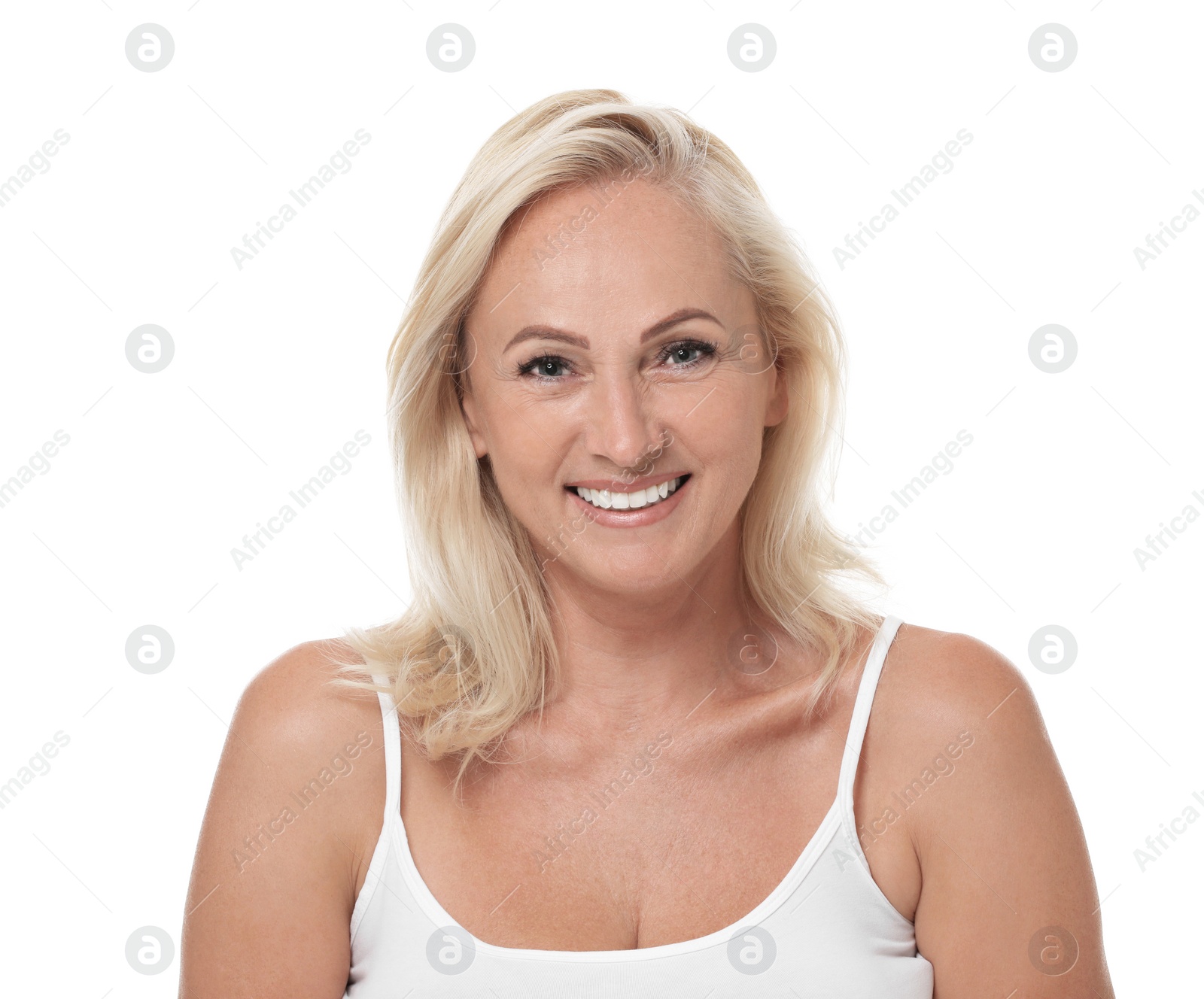 Photo of Portrait of beautiful mature woman with perfect skin on white background