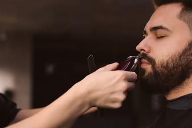 Professional hairdresser working with client in barbershop