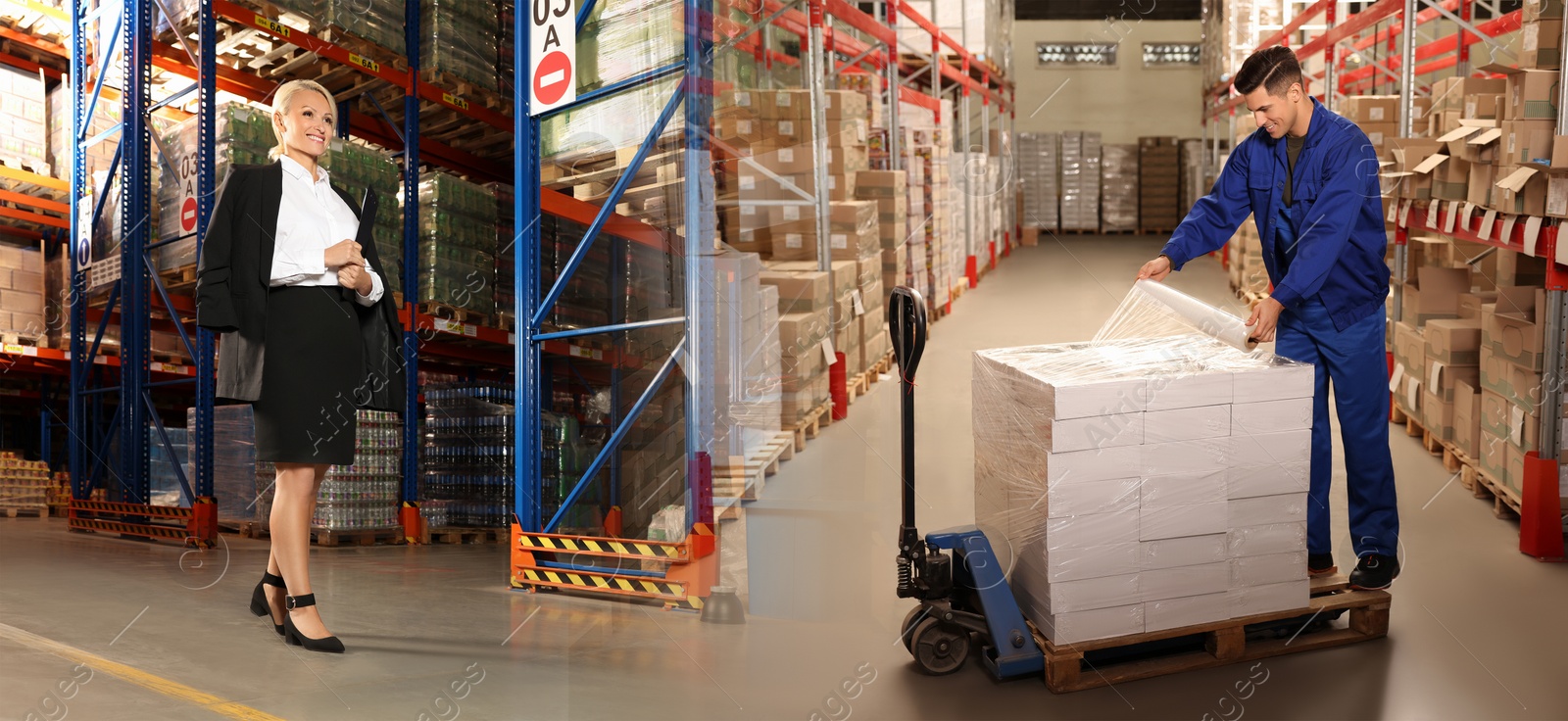 Image of Distribution. Happy manager and worker in warehouse, double exposure. Banner design