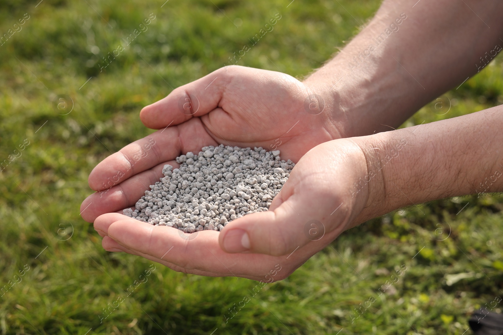 Photo of Man with fertilizer in hands outdoors, closeup