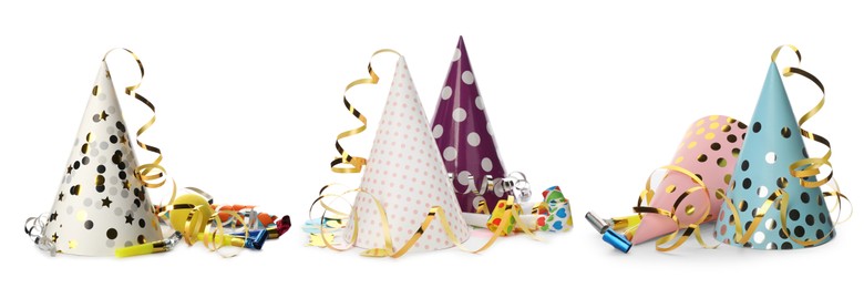 Image of Set with colorful party hats, blowers and streamers on white background. Banner design