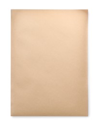 Photo of One blank kraft paper envelope isolated on white