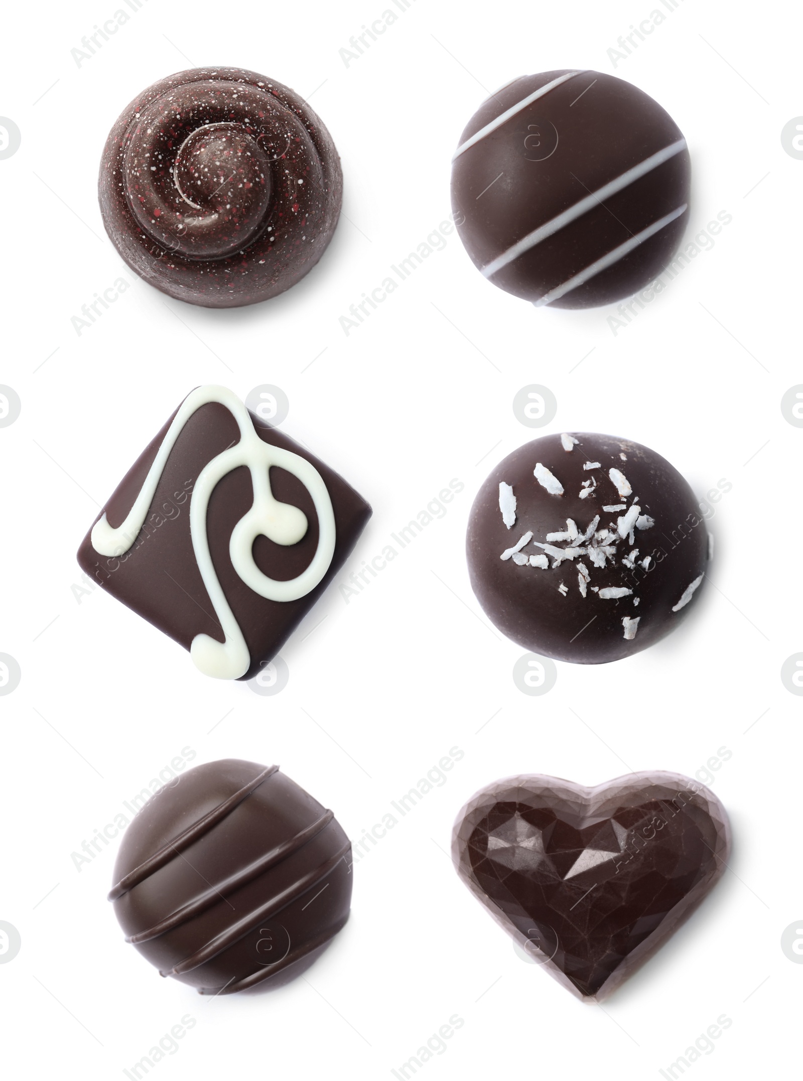 Image of Set with different chocolate candies on white background, top view