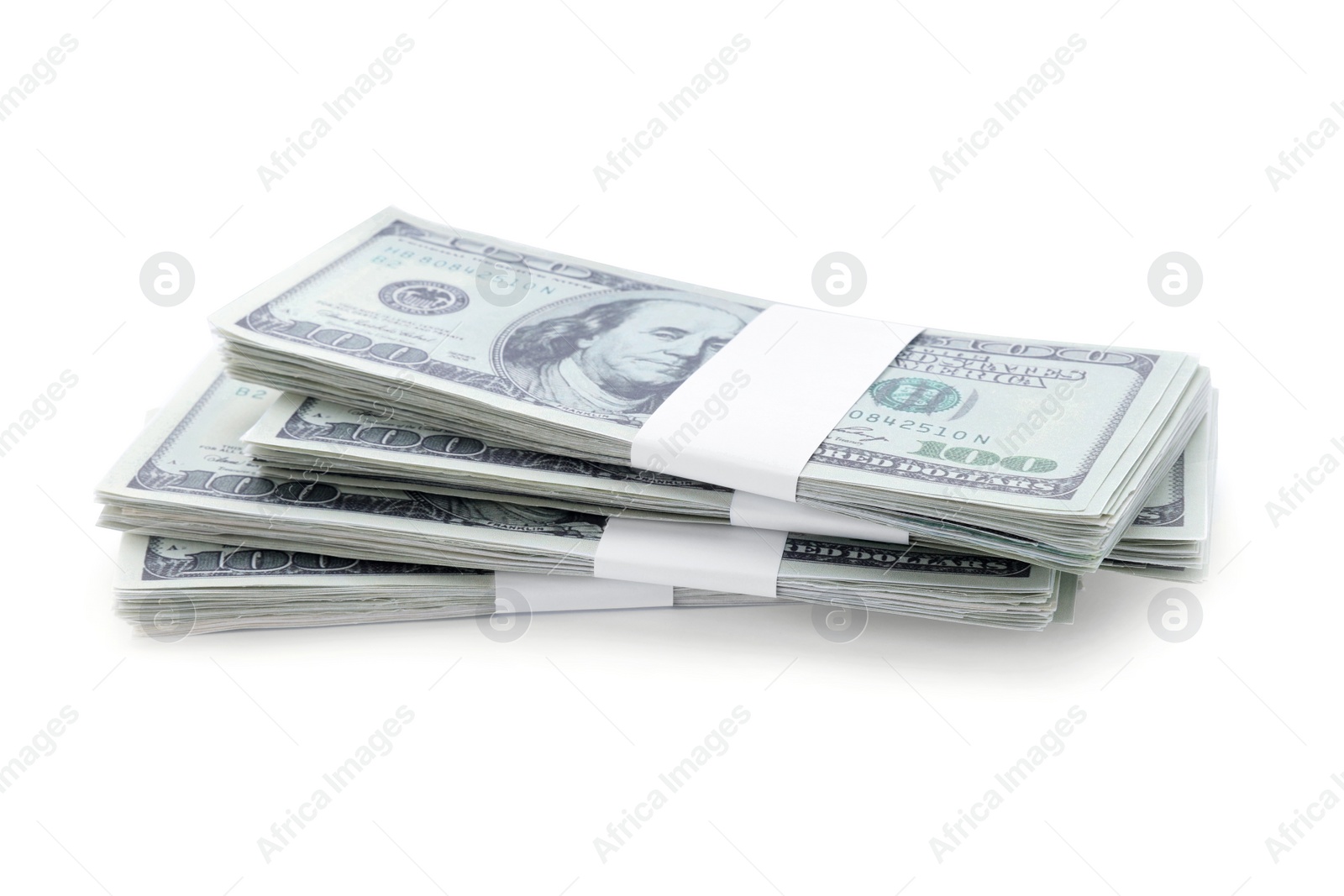 Photo of Bundles of dollar banknotes isolated on white. American national currency