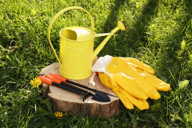Photo of Pair of gloves, gardening tools and watering can on wooden stump among grass outdoors