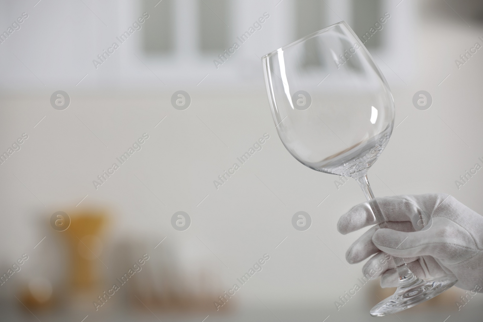 Photo of Person in white glove checking cleanliness of glass indoors, closeup. Space for text